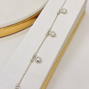 Pulseira Prata 925 com Pingente Corações