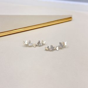 Brinco Ear Cuff Borboletas lisa e cravejada com Zircônias – Prata 925